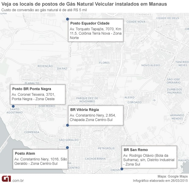 Mapa postos GNV Manaus (Foto: Arte/G1 AM)