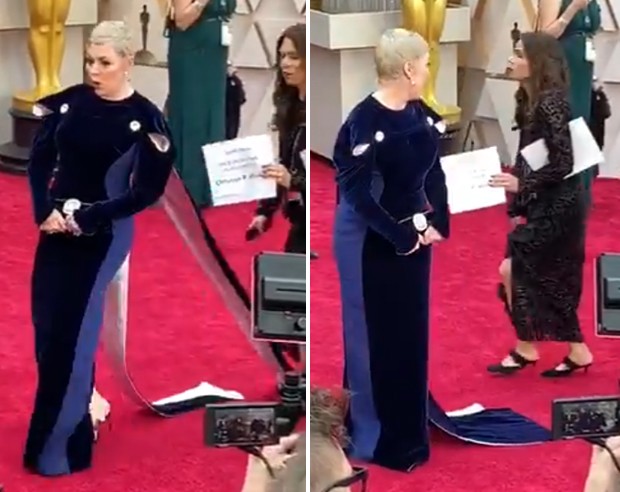 Olivia Colman tem vestido puxado no red carpet no Oscar (Foto: Reprodução/ Twitter)