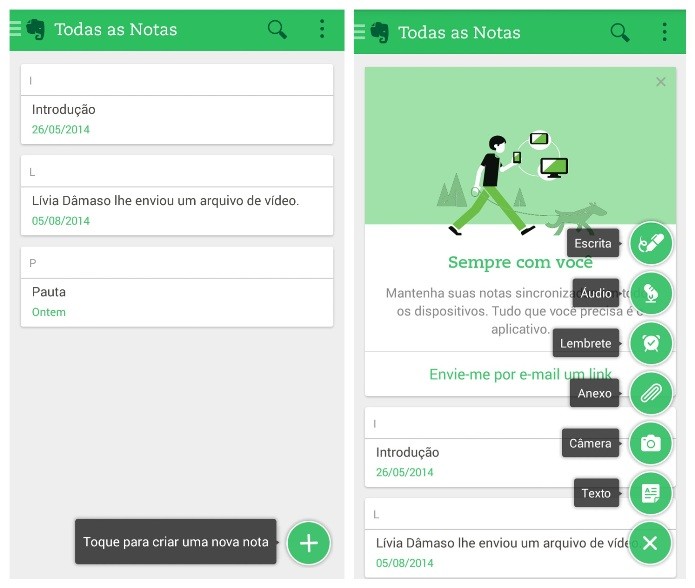 Botão flutuante permite acesso rápido à criação de notas (Foto: Reprodução/Lívia Dâmaso)