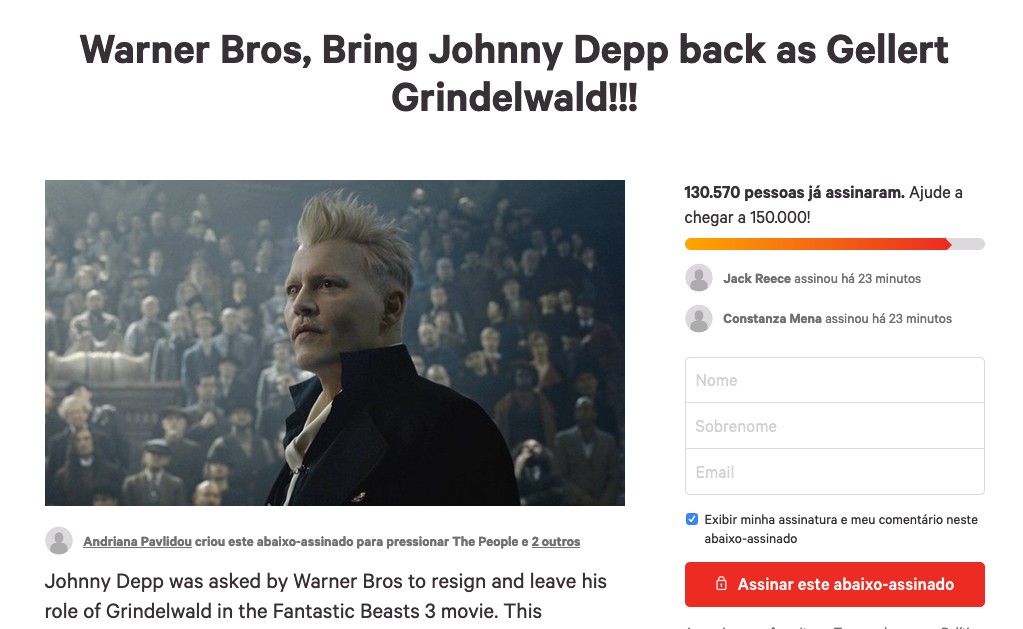 A petição que pede o retorno de Johnny Depp ao personagem vivido por ele na franquia Animais Fantásticos (Foto: Reprodução)