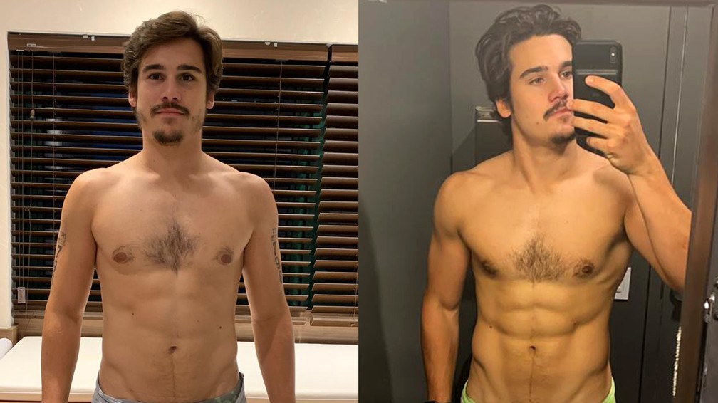 Nicolas Prattes mostra antes e depois de emagrecer. O ator começou com 88kg e, após 19 dias, chegou a 79,5kg — Foto: Arquivo pessoal