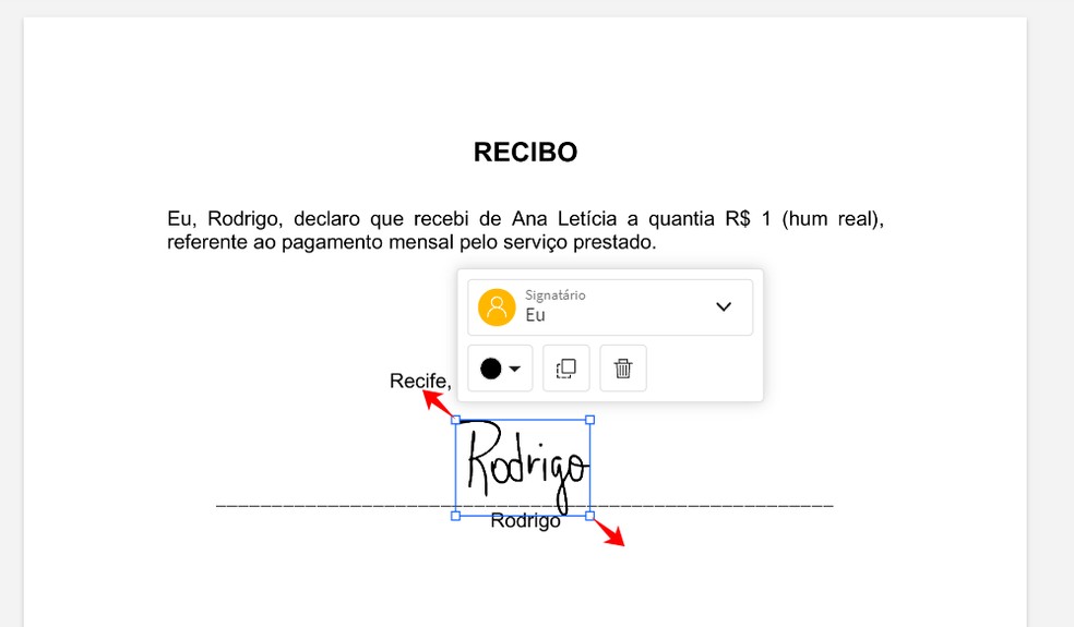 Como assinar PDF online com o Small PDF: é possível dimensionar e movimentar a assinatura livremente pela página — Foto: Reprodução/Rodrigo Fernandes