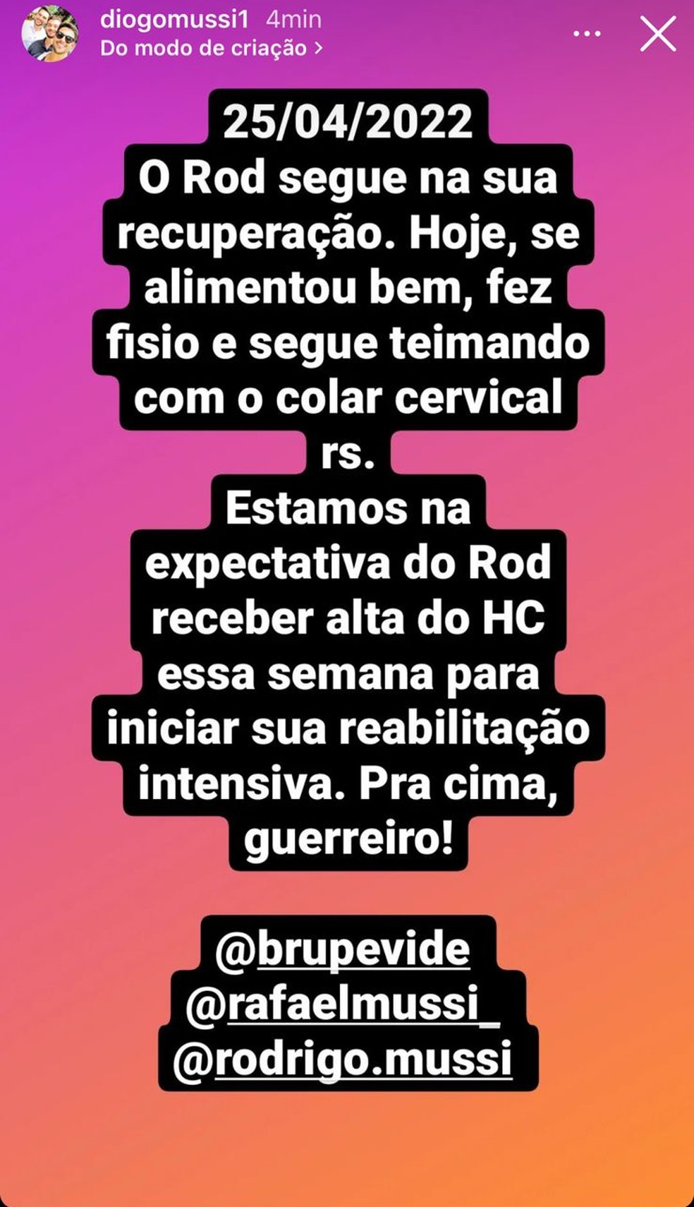 Diogo Mussi conta que Rodrigo, do BBB 22, pode ter alta ainda essa semana — Foto: Reprodução/Instagram