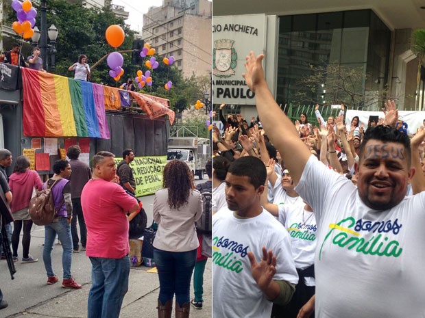 Grupos a favor e contra a inclusão da discussão de gênero nas escolas fazem ato em frente à Câmara Municipal de SP (Foto: Roney Domingos/G1)