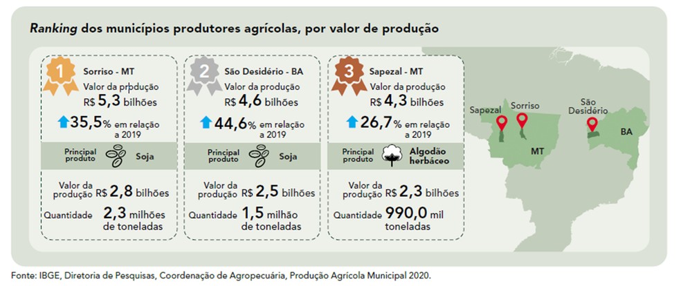 Ranking dos municípios produtores agrícolas por valor de produção — Foto: IBGE