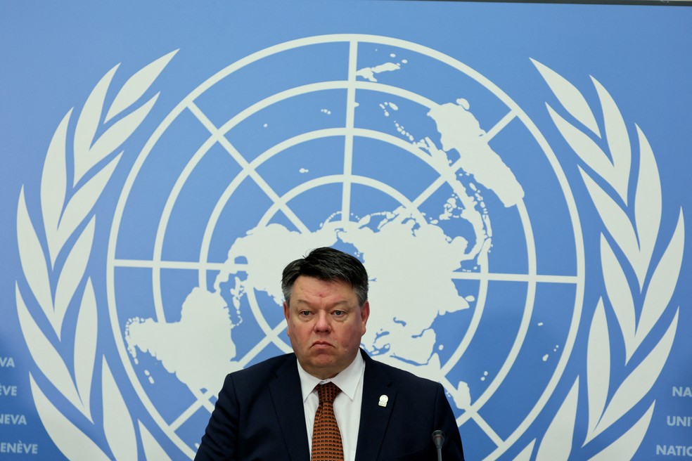 Secretário-geral da Organização Meteorológica Mundial durante apresentação do relatório que aponta recorde de temperatura dos mares, em Genebra, em 18 de maio de 2022 — Foto: Reuters