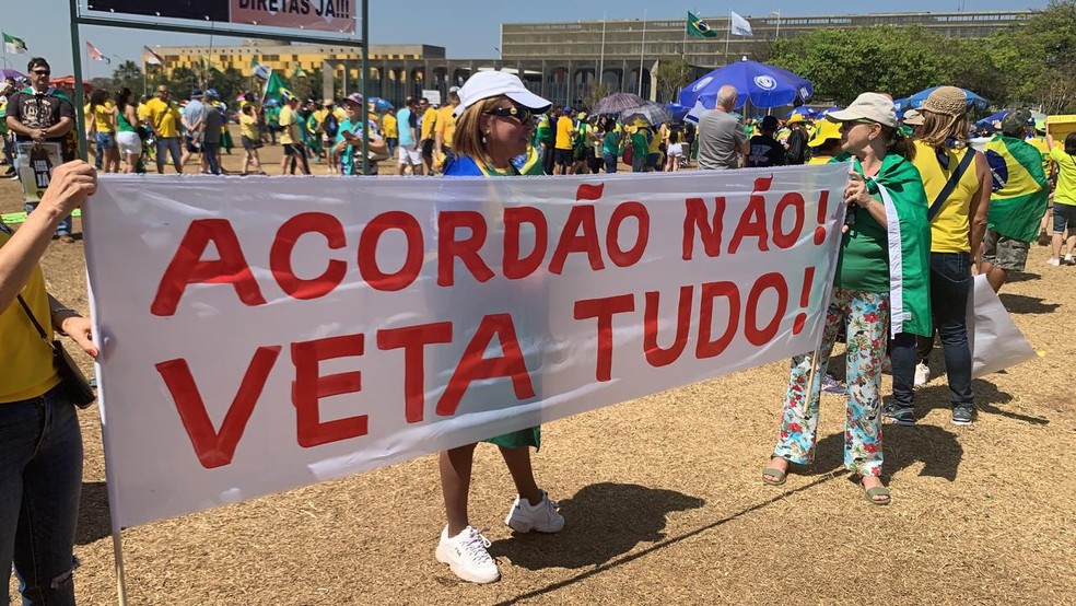 Manifestante segura cartaz em ato na Esplanada dos Ministérios, em Brasília — Foto: Rafaella Vianna/TV Globo