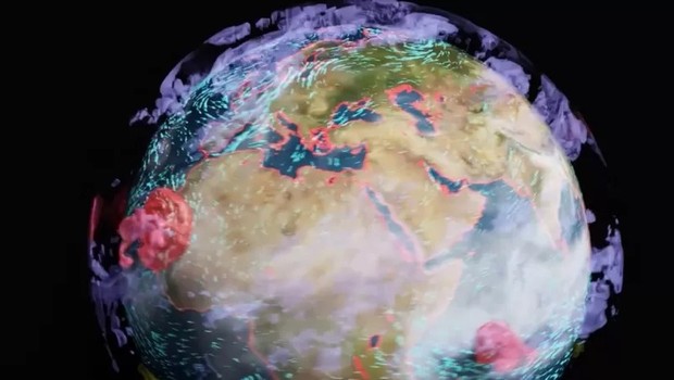Uma ilustração da Terra-2, que visa ajudar a rastrear e combater as mudanças climáticas (Foto: NVIDIA via BBC)
