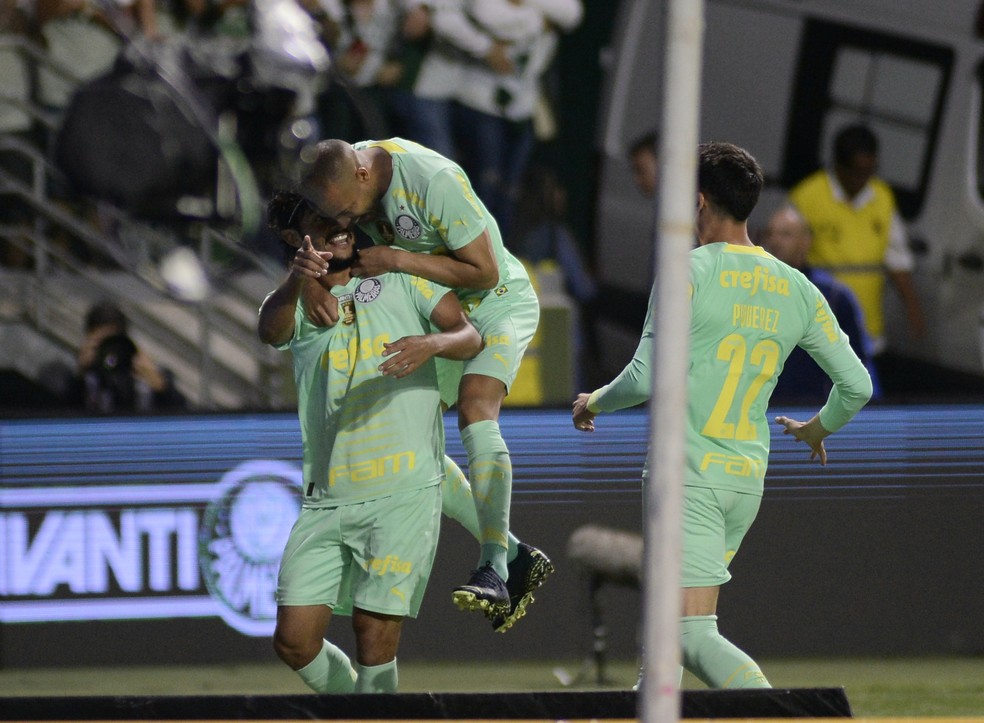 Jogadores do Palmeiras comemoram gol de Gustavo Scarpa contra o Avaí — Foto: Alan Morici/AGIF