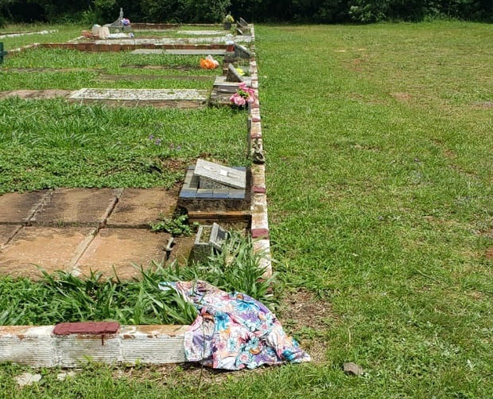 Túmulo foi violado em novembro, no cemitério do Rincão da Madalena — Foto: Polícia Civil / Divulgação