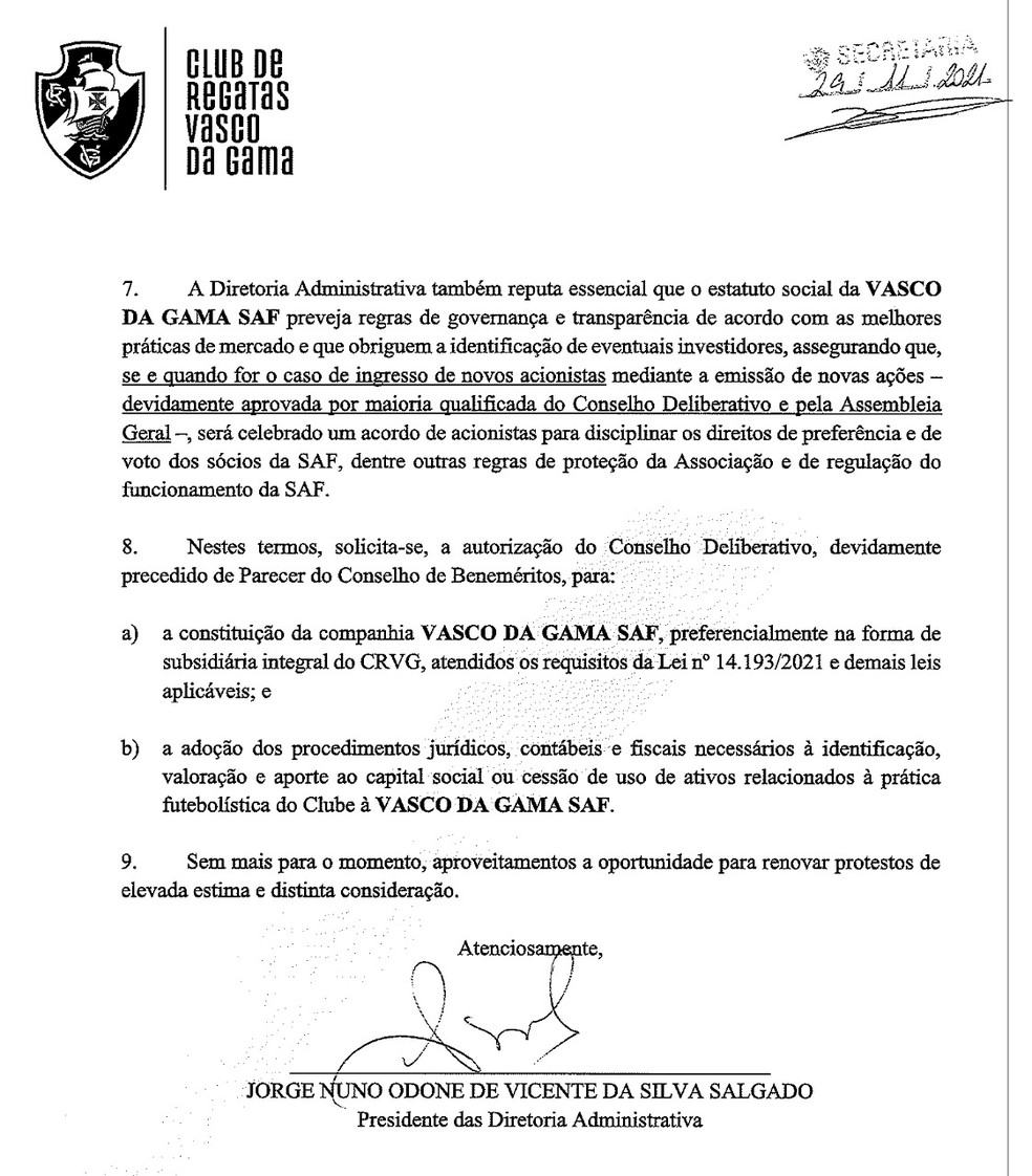 Trecho de carta enviada pela diretoria do Vasco aos Conselhos sobre clube-empresa — Foto: Reprodução