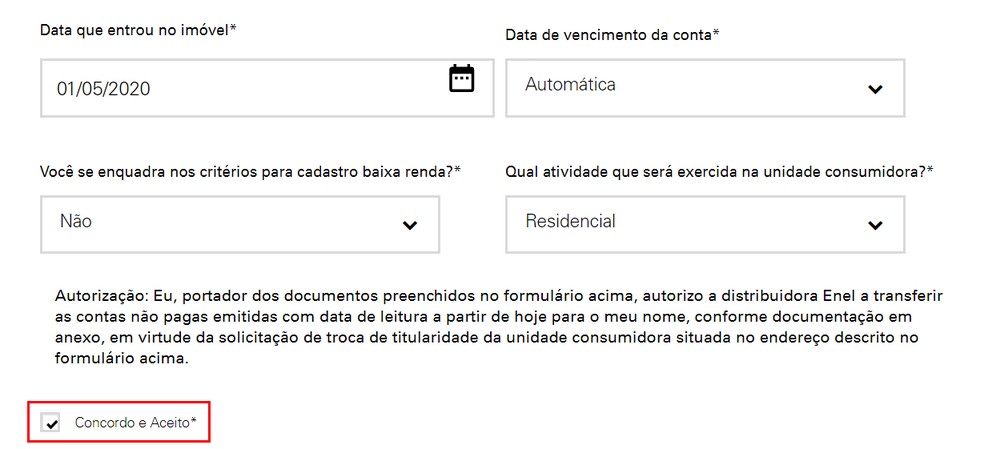 Formulário solicita informações sobre data de entrada no imóvel, data de vencimento da conta e atividade exercida na unidade consumidora — Foto: Reprodução/Ana Letícia Loubak