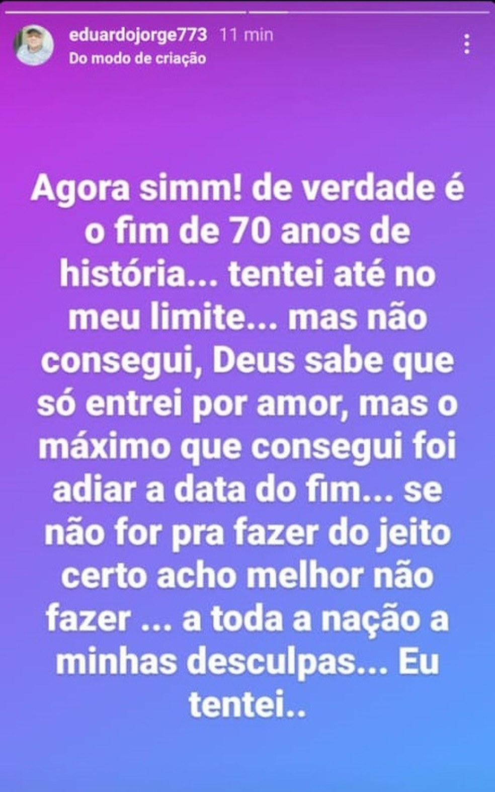 Nas redes sociais, Eduardo Jorge, presidente do Atlético de Cajazeiras fez um verdadeiro desabafo; a publicação foi excluída instantes depois — Foto: Reprodução / Redes sociais