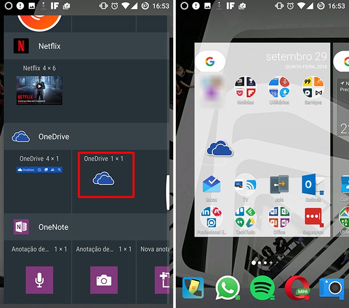 OneDrive para Android tem widget que funciona como atalho para pastas na nuvem (Foto: Reprodução/Elson de Souza)