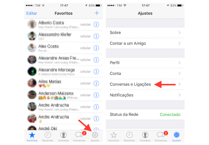 Acessando as opções para conversas e ligações do WhatsApp para iPhone (Foto: Reprodução/Marvin Costa)
