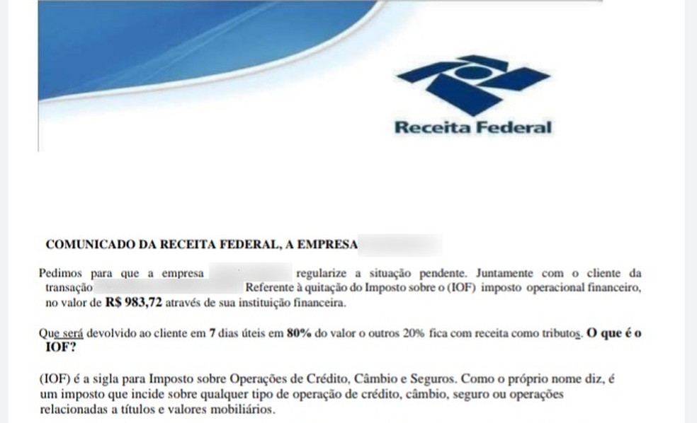 Receita Federal alerta para novo golpe recebido pelos Correios — Foto: Receita Federal/Divulgação