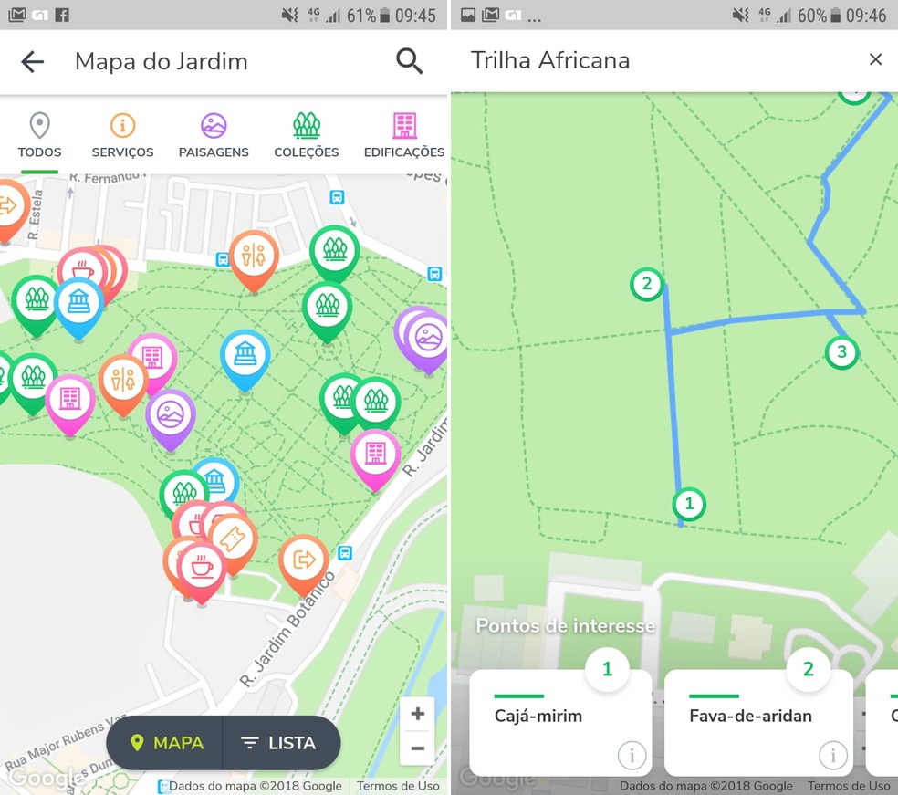Telas do novo app do Jardim BotÃ¢nico: mapa com atraÃ§Ãµes e trilhas comentadas (Foto: ReproduÃ§Ã£o)