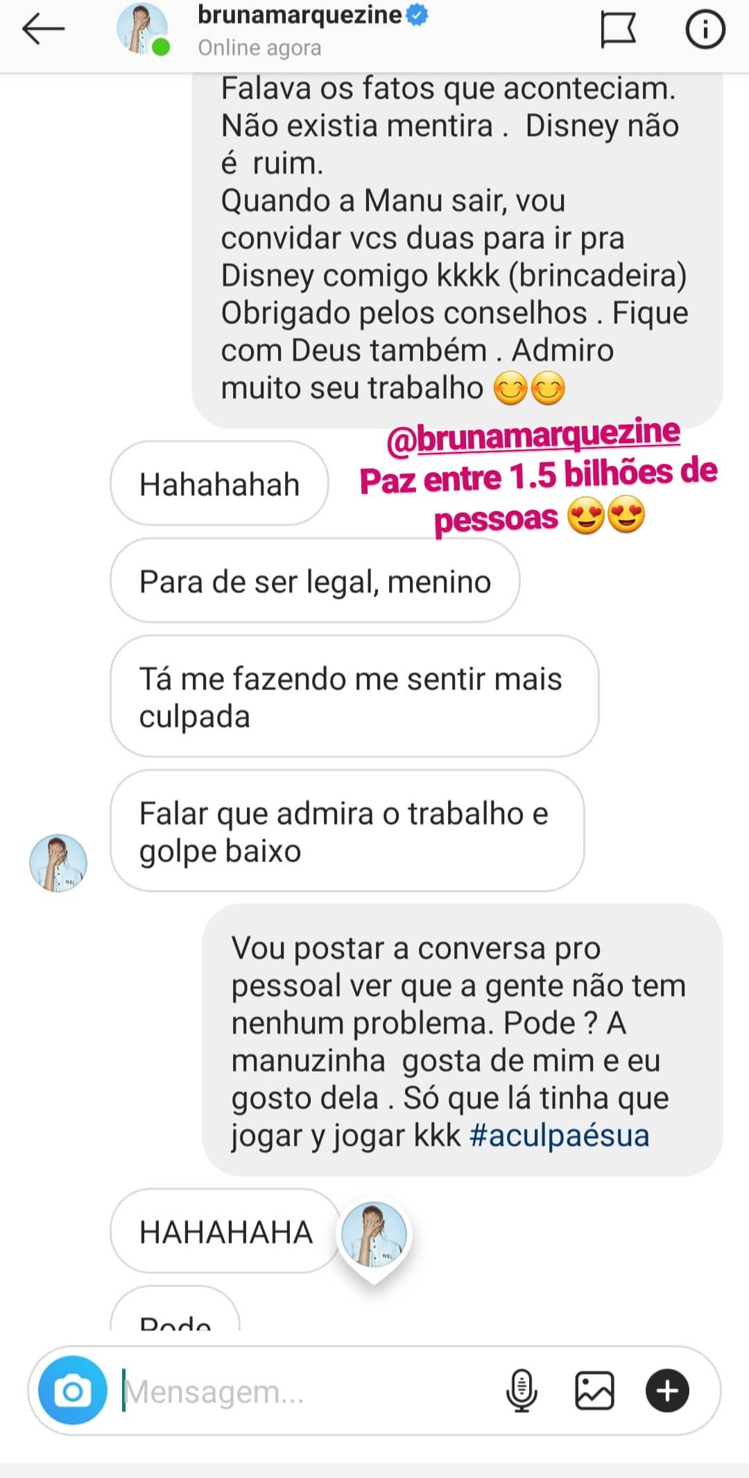 Conversa entre Bruna Marquezine e Felipe Prior (Foto: Reprodução/Instagram)