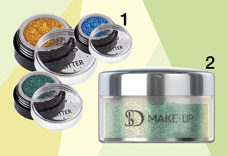 1. Glitter para os olhos, azul, verde e dourado, da Dailus (R$13)/ 2. Ultimate Glittery, cor Paradise, da SD Make Up (R$ 36)