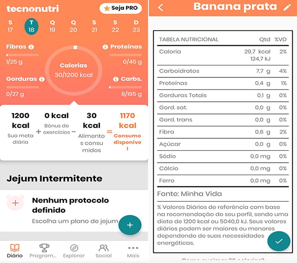 Além de calcular calorias, Tecnonutri também fornece programas personalizados  — Foto: Reprodução/Flávia Fernandes