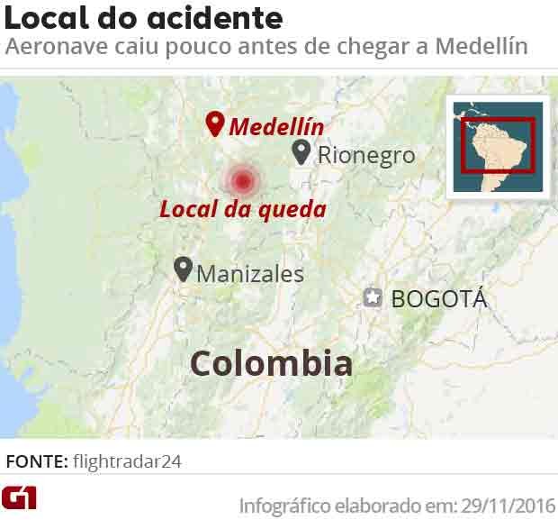 Mapa do local do acidente de avião com a Chapecoense (Foto: Editoria de arte/G1)