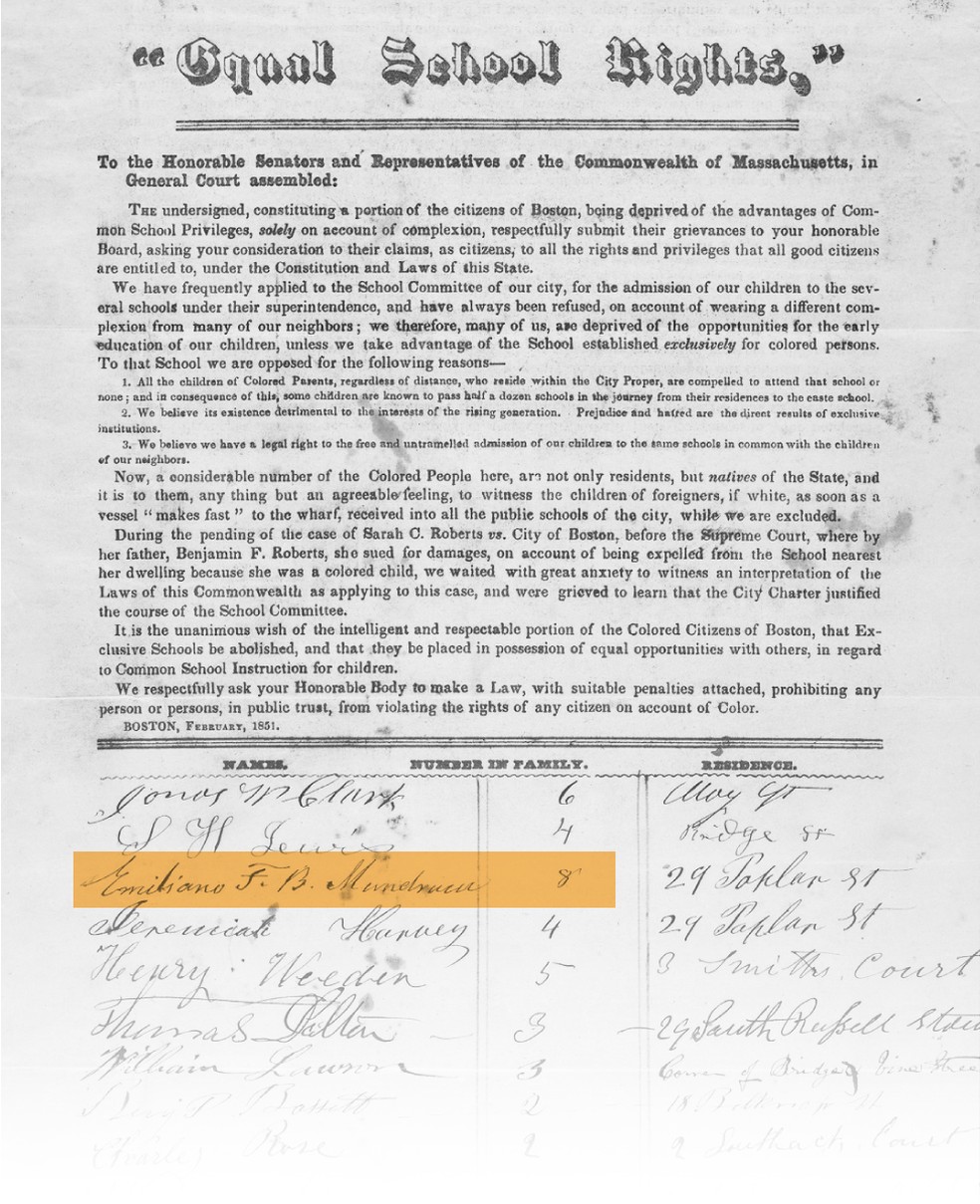 Petição pelo fim da segregação racial nas escolas de Boston assinada por Mundrucu em 1851 — Foto: Biblioteca de Harvard