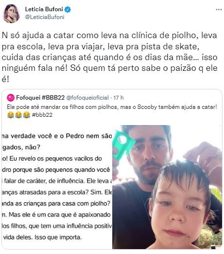 Letícia Bufoni sai em defesa de Pedro Scooby no caso dos piolhos (Foto: Reprodução / Twitter)