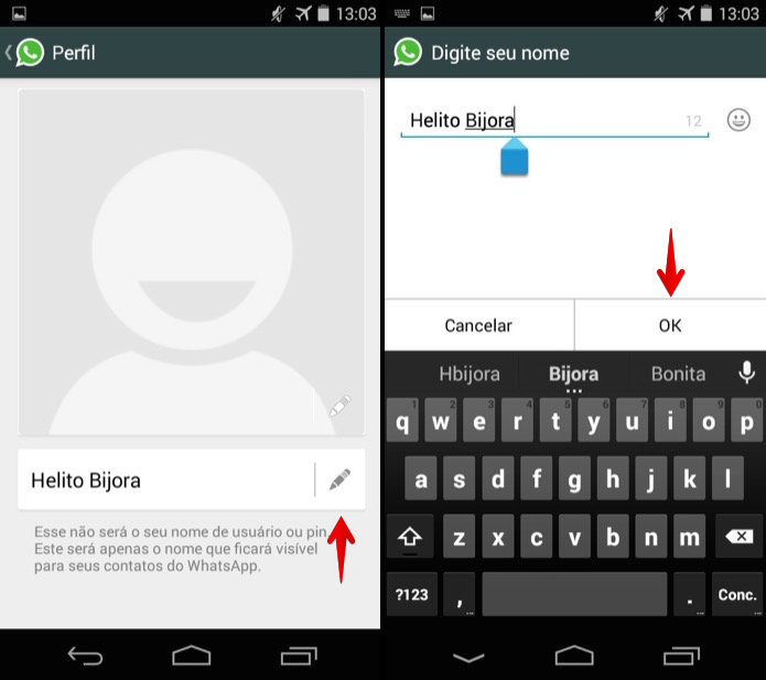 Editando nome no aplicativo para Android (Foto: Reprodu??o/Helito Bijora) 