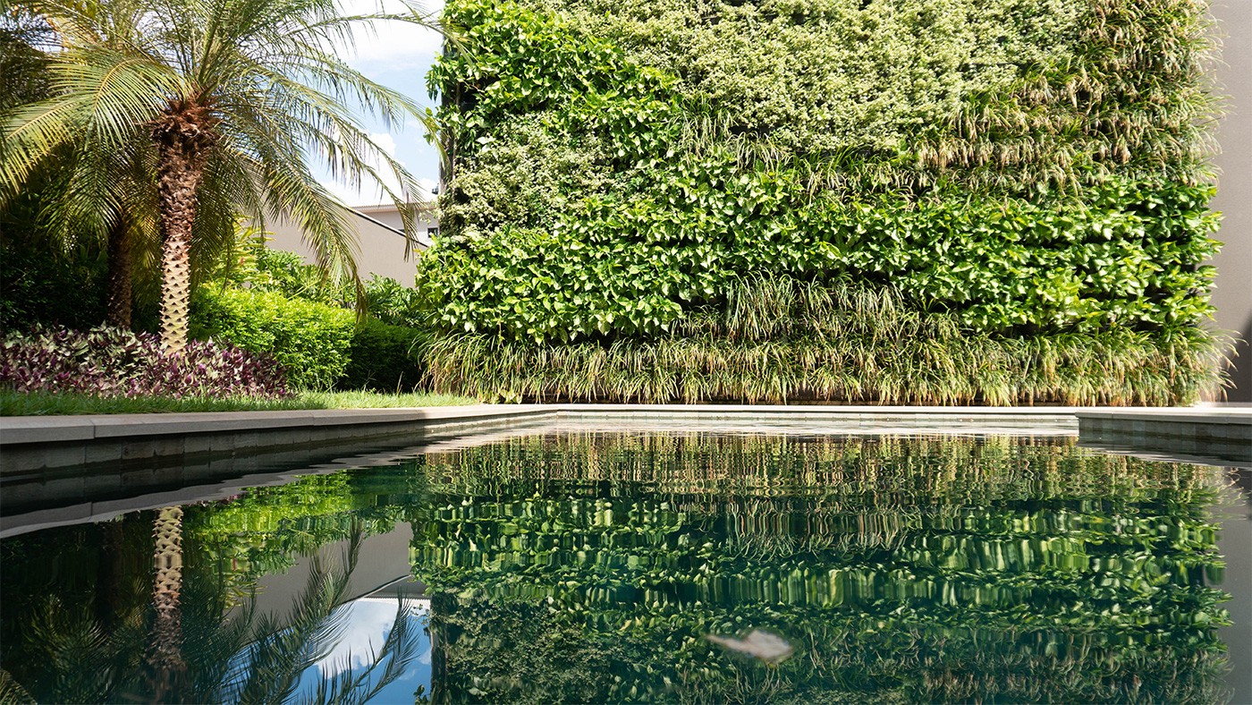 Projeto de paisagismo do escritório Wolff Garden com jardim vertical da Ecotelhado leva singônios, assistácias e liriopes (Foto: Divulgação) (Foto: Divulgação)