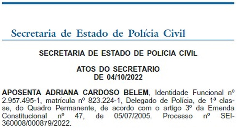 Delegada Adriana Belém é aposentada pela Polícia Civil do Rio de Janeiro — Foto: Reprodução/ Diário Oficial do Estado do Rio de Janeiro