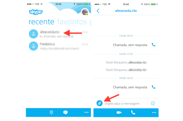 Acessando a ferramenta de anexos do chat do Skype para iPhone para enviar sua localização para um amigo (Foto: Reprodução/Marvin Costa)