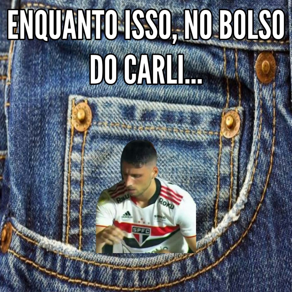 Meme com o zagueiro Joel Carli, que anulou o atacante Calleri, do São Paulo — Foto: Reprodução 