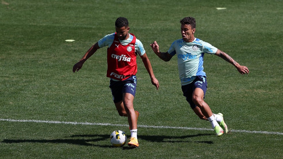 Jorge e Marcos Rocha durante treino do Palmeiras na Academia de Futebol — Foto: Cesar Greco