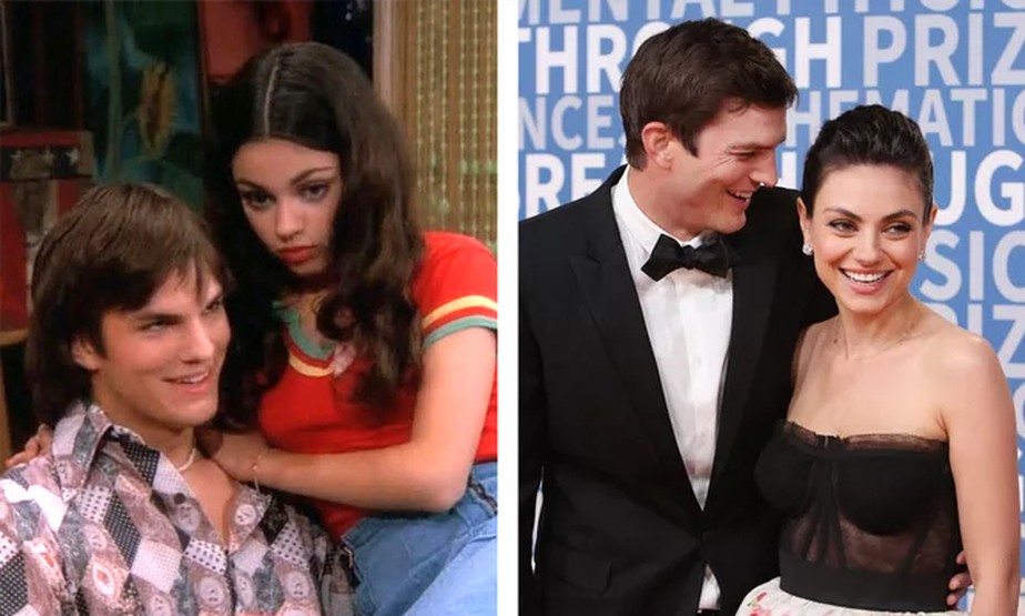 Ashton Kutcher e Mila Kunis em That 70's Show (1998-2006) e em evento de 2018