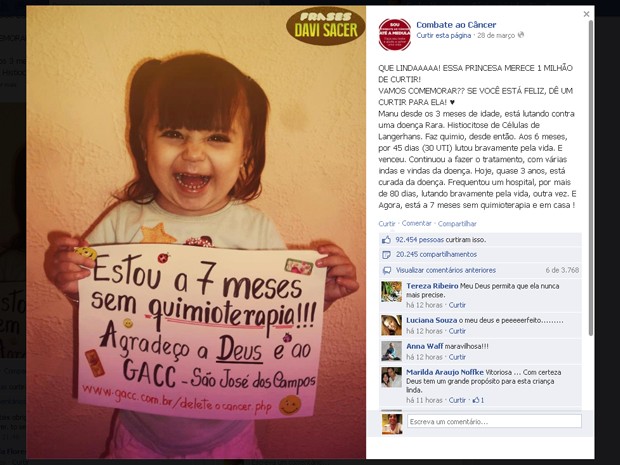 Menina de 3 anos comemora fim de quimioterapia e comove na internet (Foto: Reprodução/ Facebook)