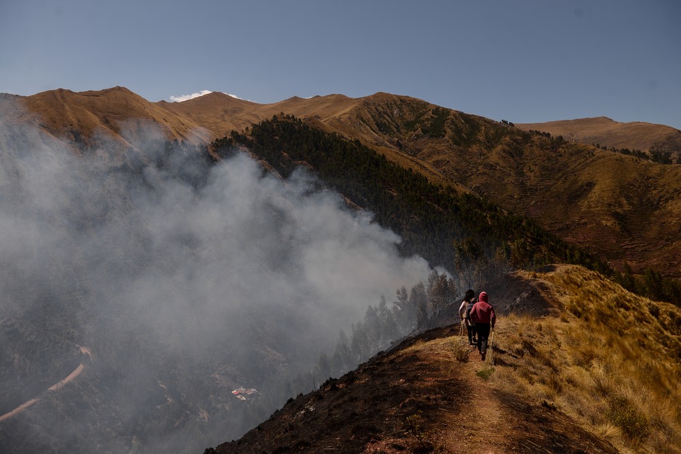 Foto de na sexta-feira (9) mostra moradores ajudando a apagar um incêndio florestal em Tambomachay, dentro do Parque Arqueológico de Sacsayhuaman, perto de Cusco no, Peru — Foto: Miguel Yovera/AFP