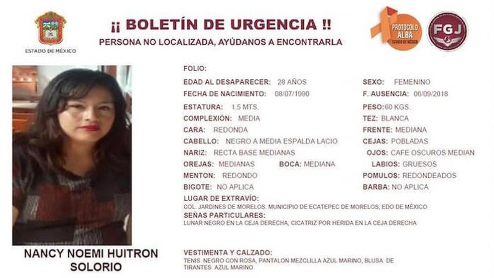 A polícia chegou ao casal depois de investigar o desaparecimento de Nancy Huitron, em 6 de setembro — Foto: Promotoria Estado do México via BBC
