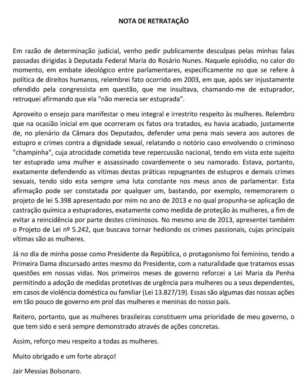 Íntegra da nota de retratação publicada por Bolsonaro em redes sociais — Foto: Reprodução