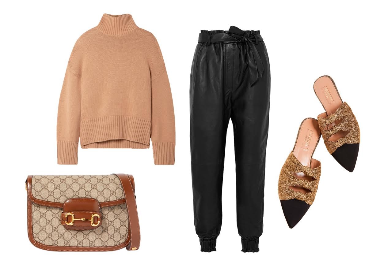Bolsa Gucci, calça de couro Munthe, suéter Loro Piana e sapatos Aquazzura (Foto: Reprodução)