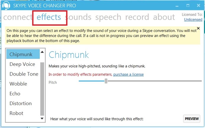 Em Efeitos, escolha a voz a ser usada no Skype (Foto: Reprodução/Skype Voice Changer)