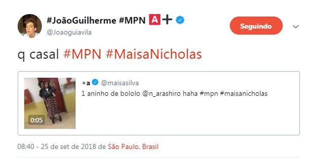 João Guilherme elogia Maisa Silva e Nicholas Arashiro pelo relacionamento (Foto: Reprodução / Twitter)