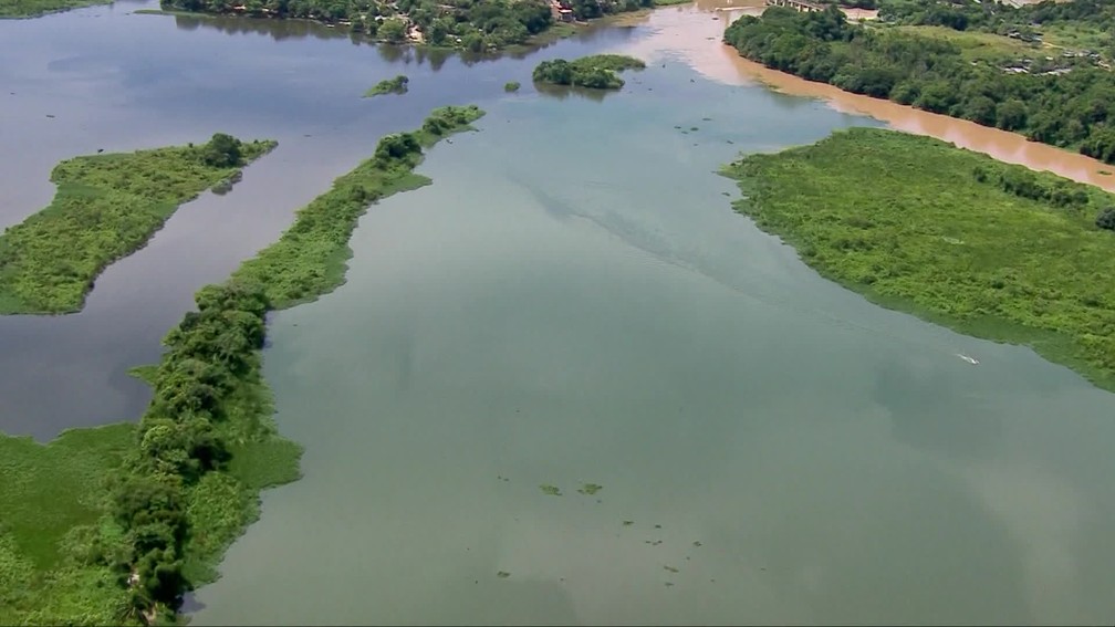 Água represada do Rio Guandu antes do tratamento — Foto: Reprodução/ TV Globo