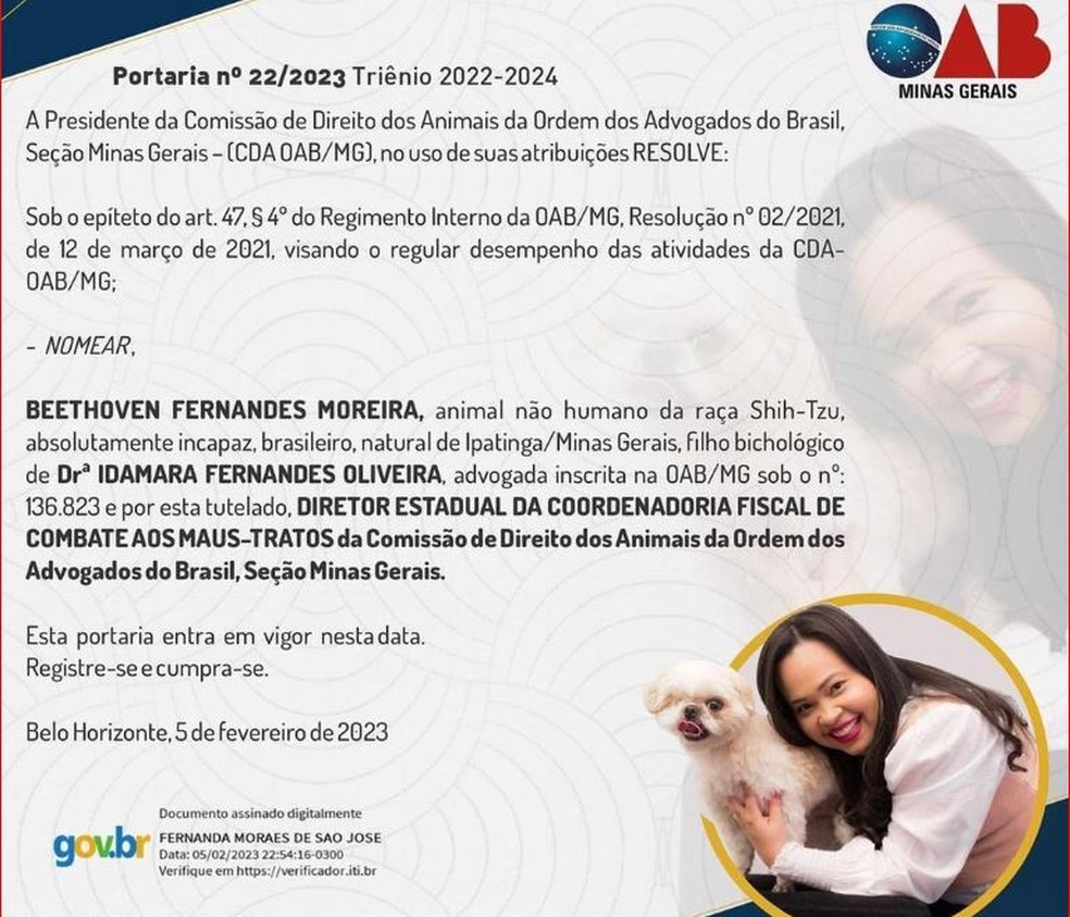 Nomeação do cachorro Beethoven Fernandes Moreira — Foto: OAB-MG/Reprodução