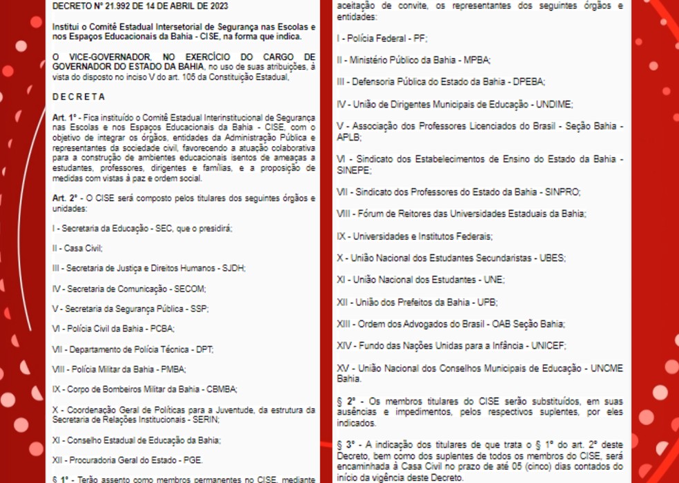 Governo da BA publica decreto que institui comitê de segurança para escolas e espaços educacionais — Foto: Reprodução/DOOL