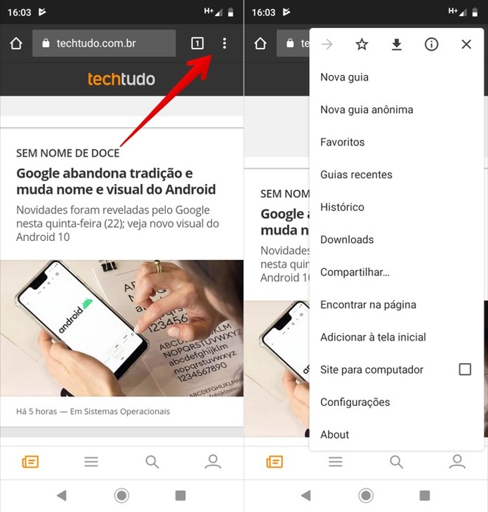 Acessando menu de opÃ§Ãµes do Ecosia; app tem interface similar ao Chrome â€” Foto: ReproduÃ§Ã£o/Helito Beggiora