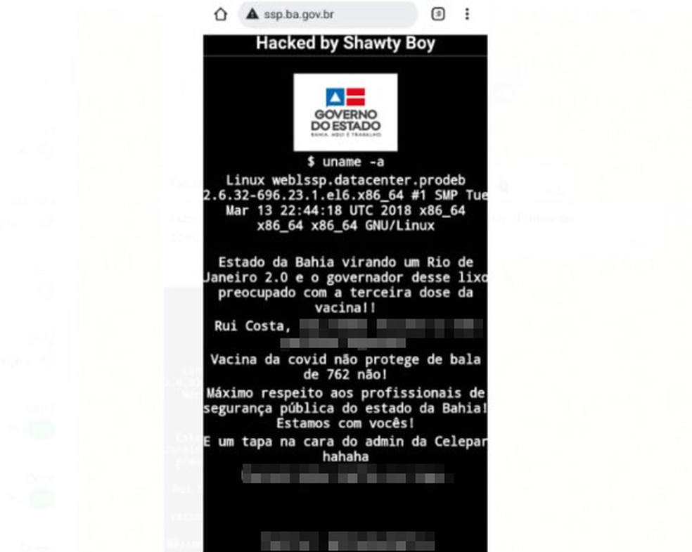 Site da Secretaria de Segurança Pública da Bahia é hackeado — Foto: Reprodução/Redes Sociais