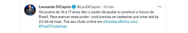Leonardo DiCaprio alerta brasileiros sobre importância de tirar título de eleitor (Foto: Reprodução/Twitter)