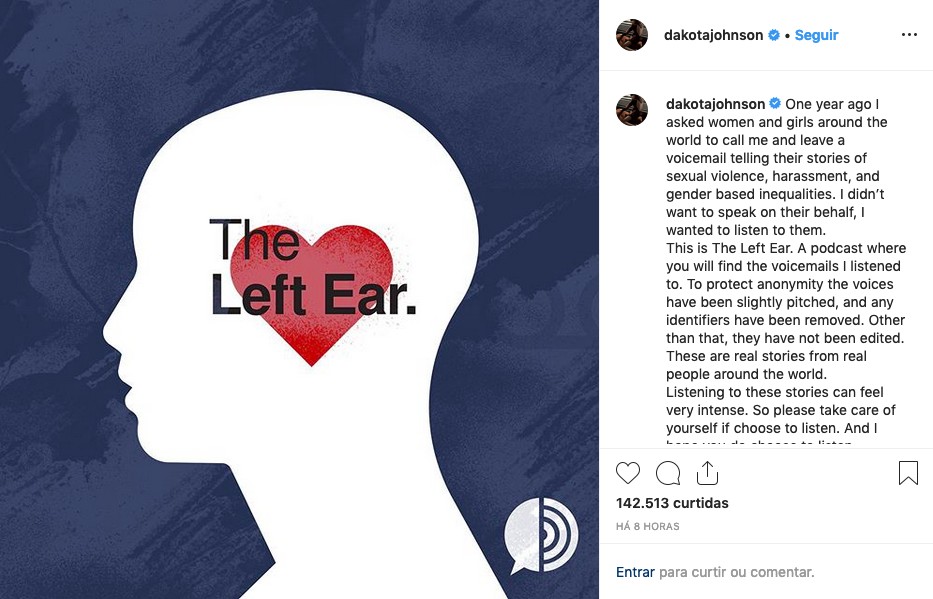 O post da atriz Dakota Johnson anunciando o lançamento de seu podcast (Foto: Instagram)