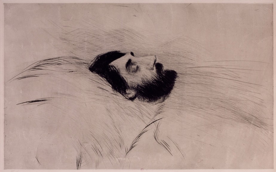 Marcel Proust em seu leito de morte: desenho de Paul César Helleu exposto na mostra 'Marcel Proust: La Fabrication de l'oeuvre', na Biblioteca Nacional da França