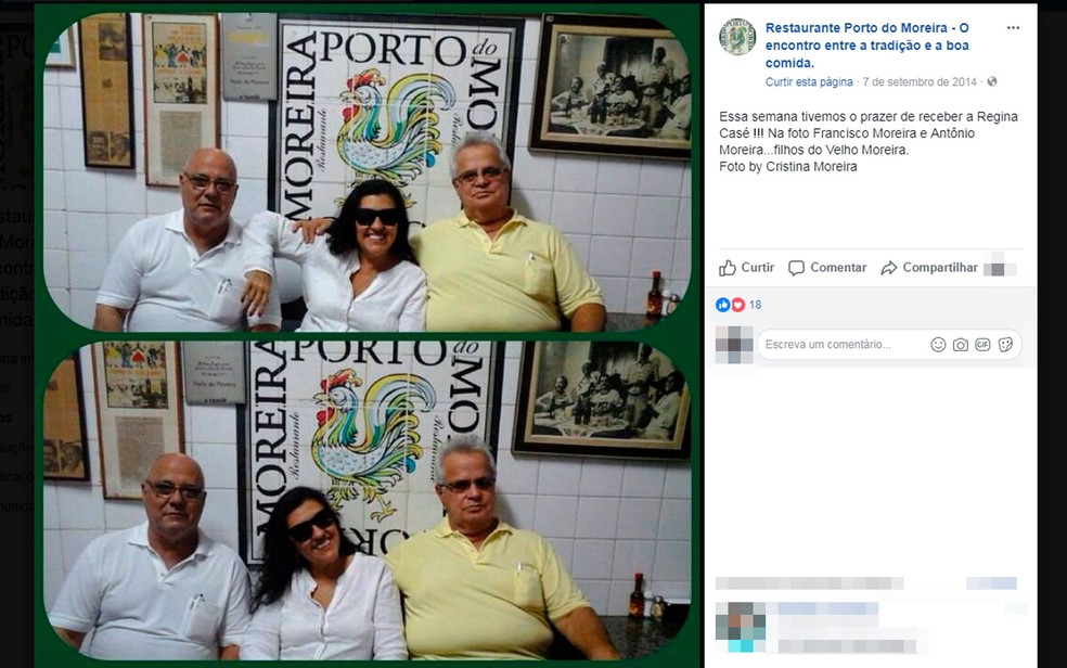 Antônio (à direita) geria o restaurante com o irmão Francisco Moreira. Na foto, os dois aparecem com Regi Casé, que passou pelo restaurante em 2014.  (Foto: Reprodução/Facebook)